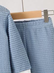 SHEIN 2 件套男婴 Polo 领罗纹针织提花开襟上衣和长裤套装，休闲时尚，适合秋季 - 藍色 - 查看 6