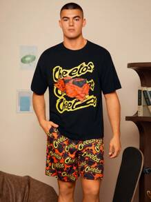 Cheetos X SHEIN 男士休闲字母图案圆领短袖上衣和短裤两件套家居服套装，夏季 - 黑色 - 查看 4