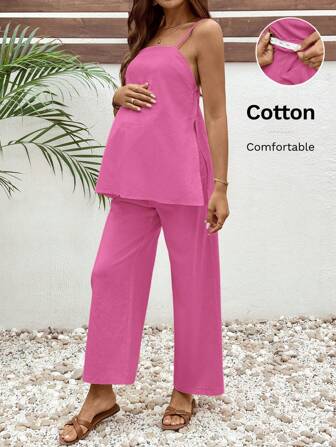 SHEIN Set de 2 piezas de camiseta sin mangas y pantalones de pierna ancha de unicolor para maternidad