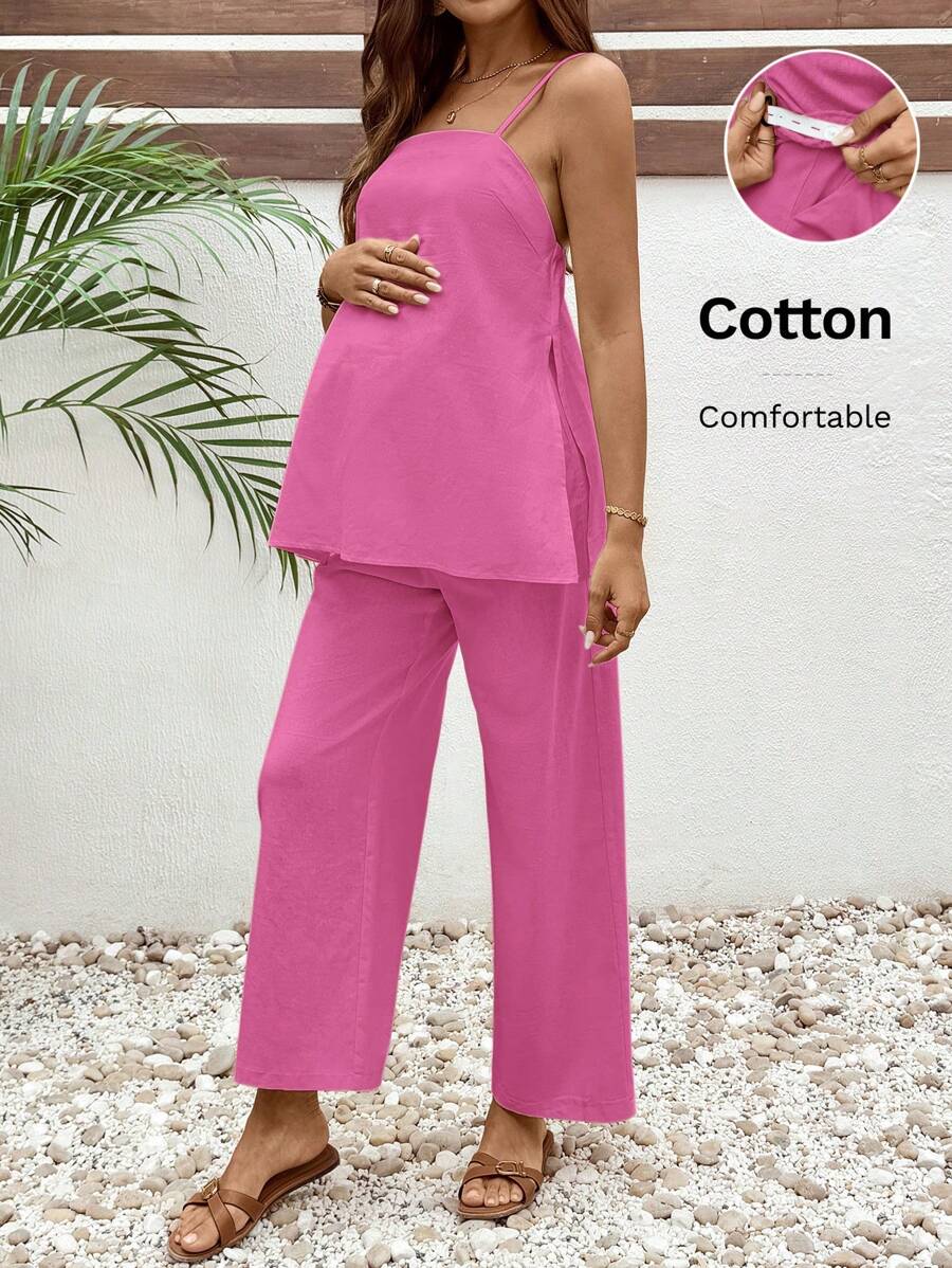 SHEIN 2pcs Maternity Casual Solid Color Camisole And Wide Leg Pants Set - Hot Pink - View 1
