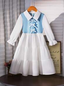Girls White Shirt-Style Dress | Contrast Blue Knit Fabric | Bowknot Decor | Spring/Autumn Back To School, Fashion & Romance - White - View 3