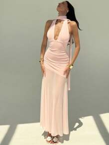 Aloruh 约会之夜服装女式粉色舞会礼服派对毕业领结深 V 紧身褶饰露背连衣裙 - 淺粉色 - 查看 2