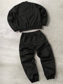 STYNVO 男士纯色长袖拉链领棒球夹克和裤子休闲西装套装男士两件套黑色套装男士机能运动男士工装套装男士两件套补丁，送给男朋友的一份好礼物，秋季服装 - 黑色 - 查看 2