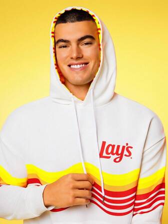 Lay's X SHEIN メンズ レターと配色ストライプ柄 長袖パーカー