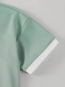 SHEIN Explorewe 2 件套男童超大绿色 Polo 衫，领口和下摆撞色，百搭夏季服装，搭配短裤，适合度假、上学、旅行、街头、嘻哈、音乐节等场合，秋冬 - 彩色 - 查看 4