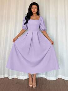 Elenzga Women's Purple Elegant Summer Wedding Dress,Simple Commuting Business Casual Square Neck Ruffle Hem Puff Short Sleeve Solid Color Vacation Dress - Mauve Purple - View 5