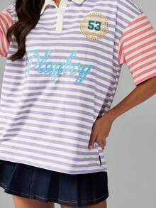 Missguided x Playboy 大学队 Polo 衫条纹领短袖上衣复古风格带数字 53 补丁超大版型夏季休闲学院风设计 - 彩色 - 查看 5
