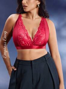 SHEIN Plus Size Lace Decor Non-Wired Bra - Burgundy - View 1