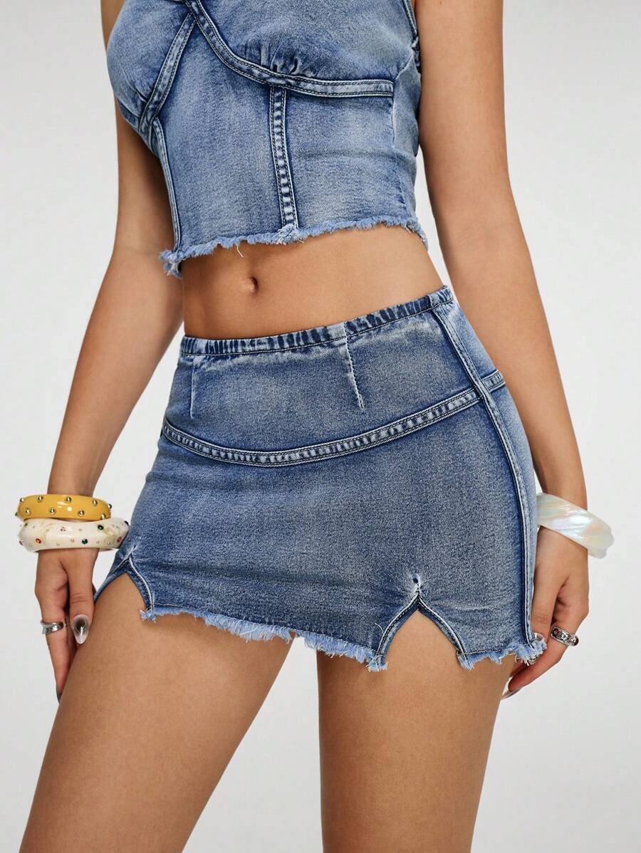 SHEIN Jeanoir Váy denim mini giản dị thời trang cho nữ, mặc hàng ngày vào mùa hè - Rửa trung bình - Xem 1