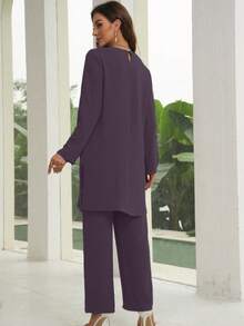 Graceveil 2 件套女士纯色圆领长袖上衣和宽松直筒休闲裤套装 2 件套 - 紫色 - 查看 2