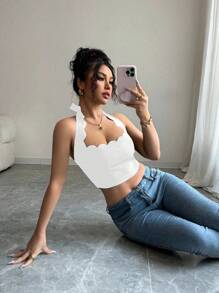 Gloray Top corto con cuello de halter, lazo y volantes en el bajo, de color negro, para mujer, para salir de vacaciones - Blanco - Ver 5