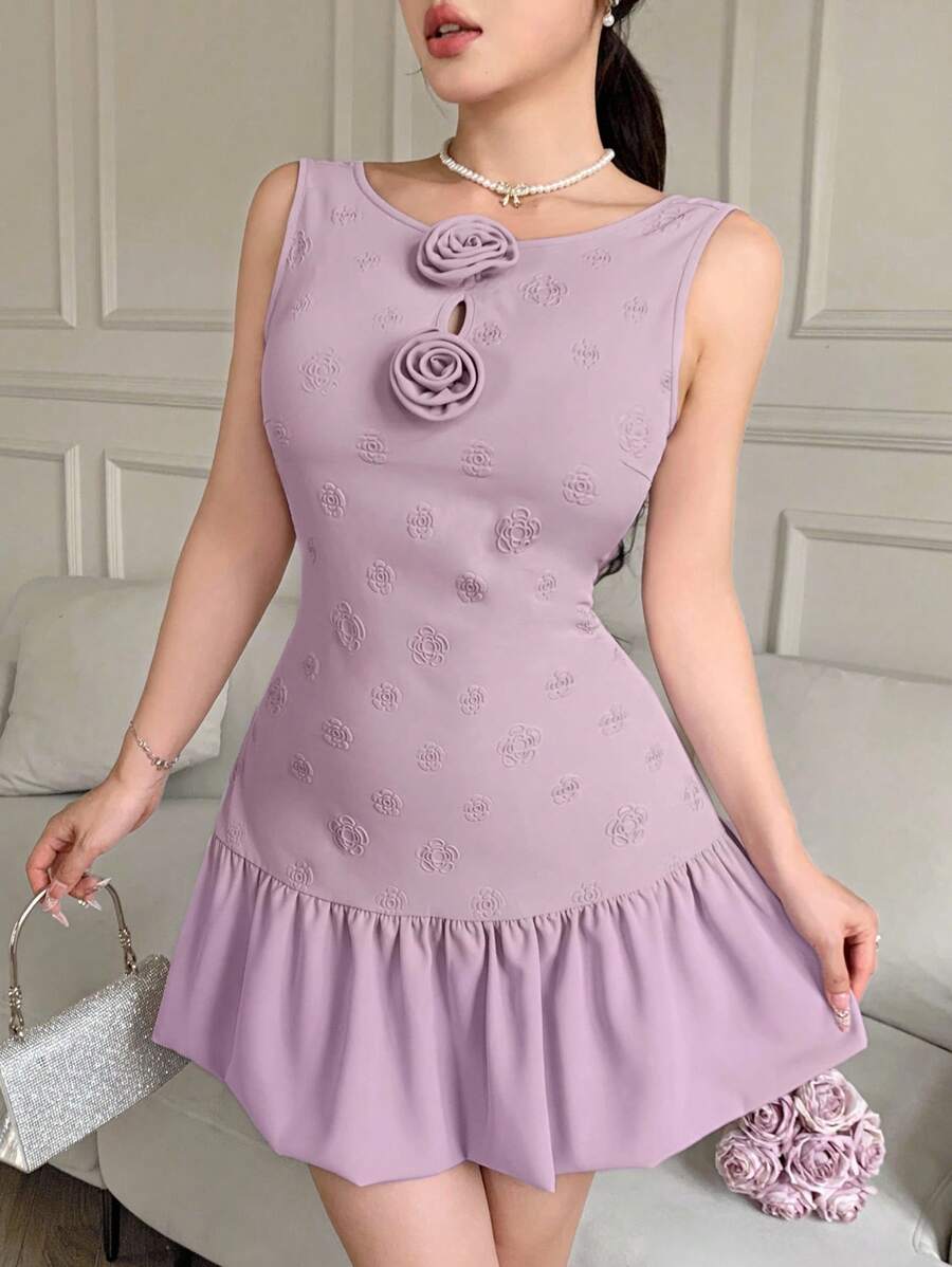 Modelyn Elegant 3D Flower Layered Hem Women Mini Dress - Pink - View 1