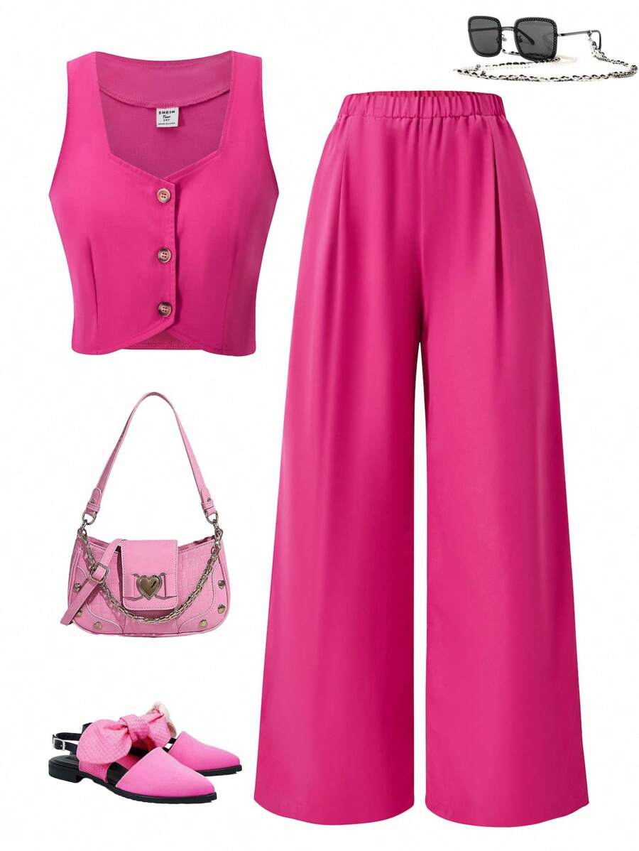 Sparklyn 2 件套青少年女孩无袖前开背心和松紧腰阔腿裤休闲装，夏季 - 玫紅色 - 查看 1