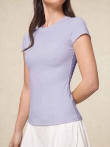 OutZeal Áo tập thể dục nữ, áo thun thể thao, trang phục tập Pilates, áo ngắn tay thấm hút mồ hôi, áo nén ôm sát, áo năng động. - Màu tím hoa cà - Xem 8