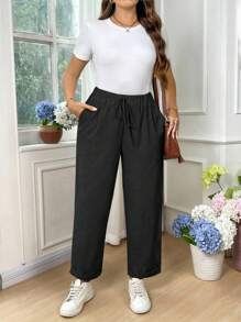 EMERY ROSE Plus Size Women's Solid Color Casual Fold-Over Ankle Pants - Black - View 5