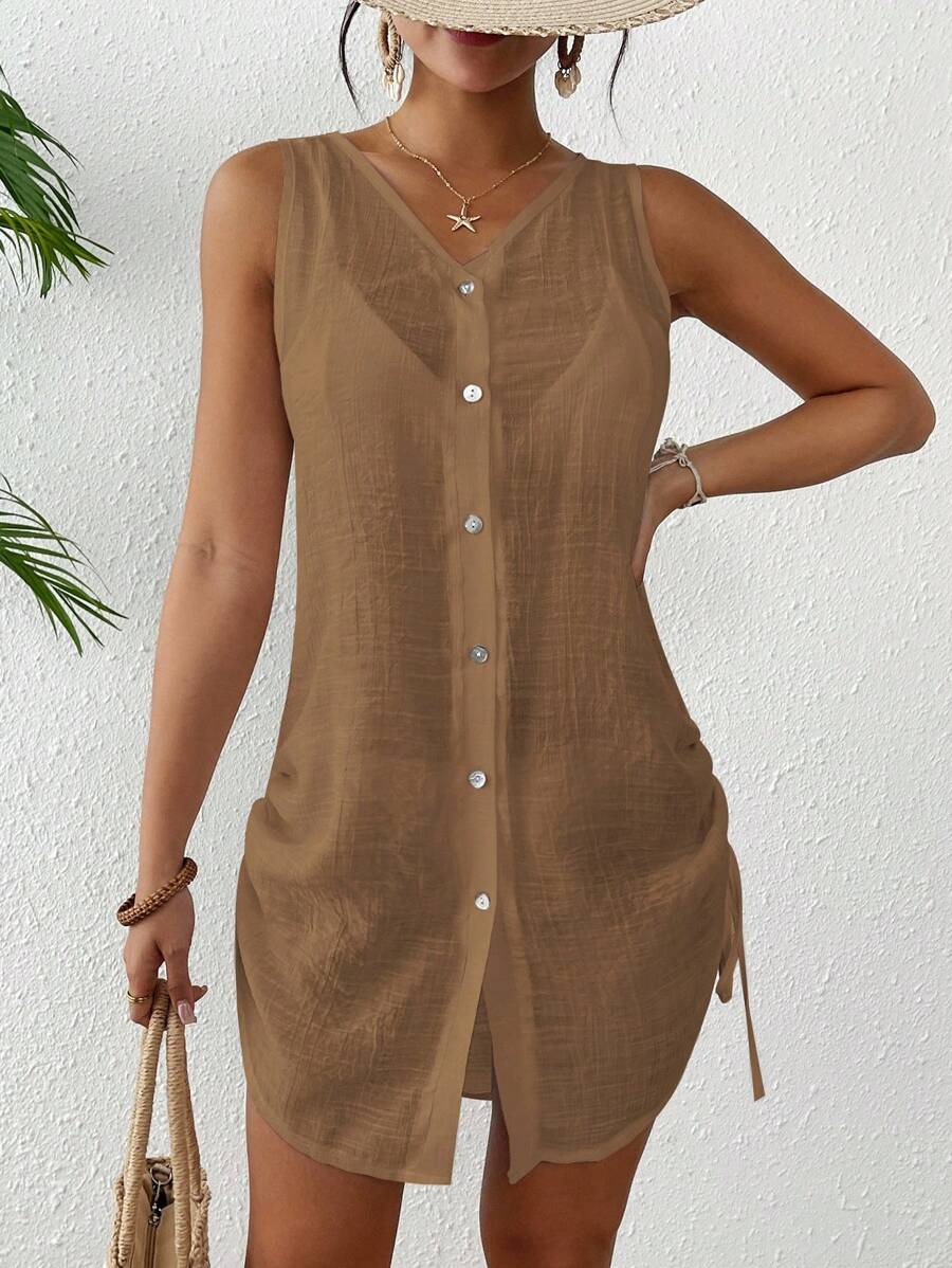 Women Summer Vacation Solid Color Button Front Sleeveless Kimono Cover Up - Brown - View 1