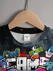 SHEIN 2 件装青少年男孩休闲简约电子游戏图案短袖圆领服装，适合夏季 - 彩色 - 查看 3