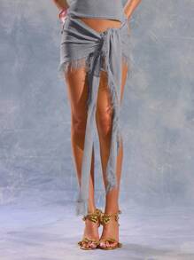 MUSERA 针织系带纱笼裙，夏季，伊比沙岛，Y2K，酷女孩，音乐节，锐舞派对，度假，夜店，可爱冬季约会之夜派对 - 灰色 - 查看 2