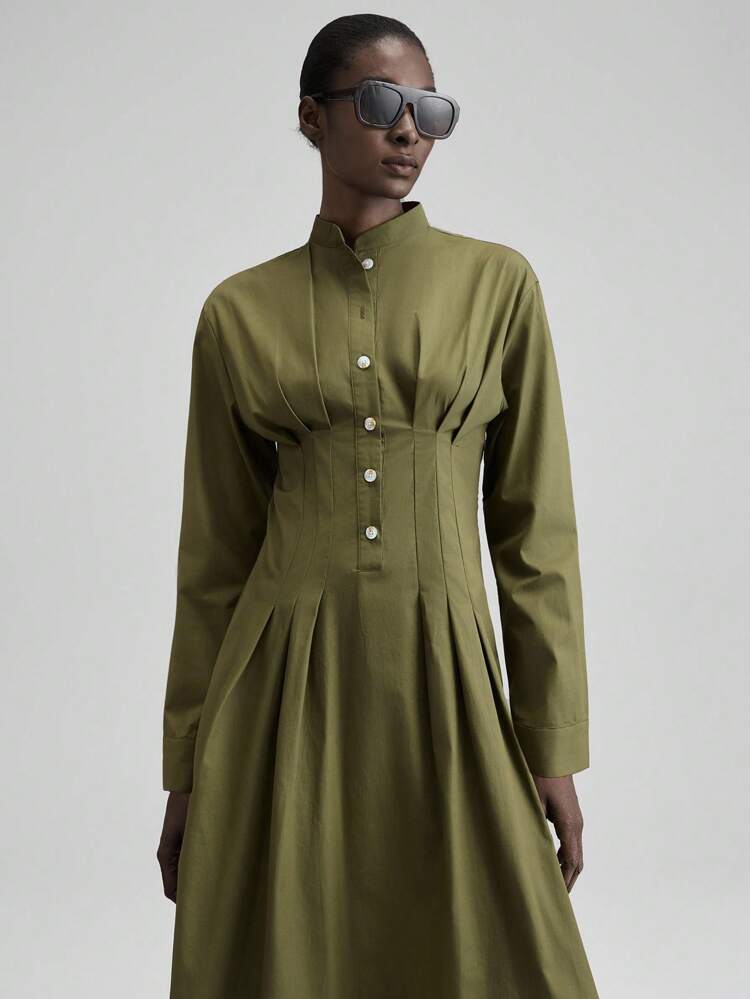 Women's Olive Green Autumn Elegent Everyday Long Dress,Business Casual Side Slit Waist Cinched Gown For Wedding Guest,Church & Teacher Commuting Wear
