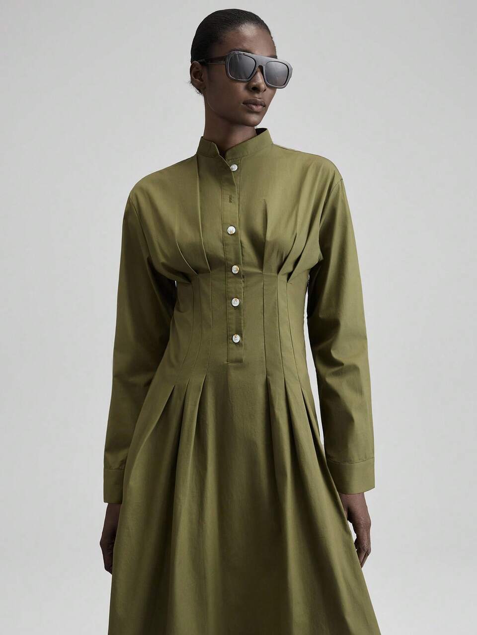 Women's Olive Green Autumn Elegant Everyday Long Dress,Business Casual Side Slit Waist Cinched Gown For Wedding Guest,Church & Teacher Commuting Wear