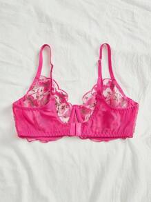 SHEIN 1pc Plus Size Underwire Embroidered Sexy Bra, Lift - Hot Pink - View 2