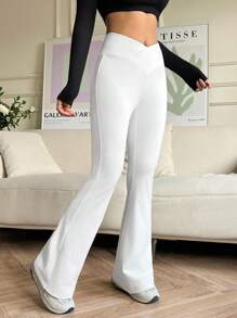 SHEIN EZwear 重疊v字腰喇叭褲 - 白色 - 查看 4