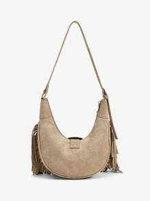 SHEIN ICON Ladies, Women Shoulder Bag, Hobo Bag, Fashionable, Personalized, Simple, Versatile, Street, Sweet And Cool Girls, Hot Girls, Y2k, Retro, Rivets, Vintage, Tassels, Cow Print, Western Style, Bohemian Style, Music Festival, Teenagers - Khaki - View 4