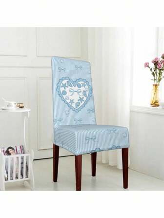 Sweetness 1 pièce Jolie housse de chaise rayée bleue avec un design de cœur et de nœud - Jolie housse de chaise décorative, lavable anti-salissure, mobilier de maison, décoration de fête, parfait pour la décoration intérieure et les pièces