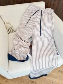 SHEIN Women's Simple Striped Casual Pants, Elastic Waist Straight Leg, Suitable For Everyday, Outdoor, Vacation, Commuting Fall Cloth For Women - Multicolor - View 3