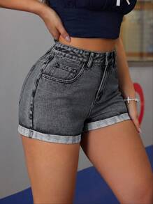 SHEIN Tall 女式夏季休闲做旧不对称口袋磨边下摆紧身牛仔短裤 - 灰色 - 查看 4