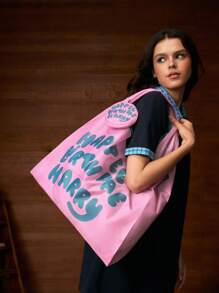 HARRY POTTER X SHEIN 1 pieza Bolsa de compra plegable de poliéster con estampado de pastel, bolso de mano con bolsillo extraíble en cadena, moda, adecuado para pasteles como el pastel de Hagrid, pastel de cumpleaños
