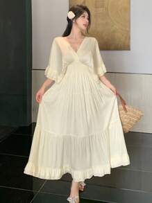 DAZY 女式V领荷叶边腰中长连衣裙，春夏 - 白色 - 查看 5