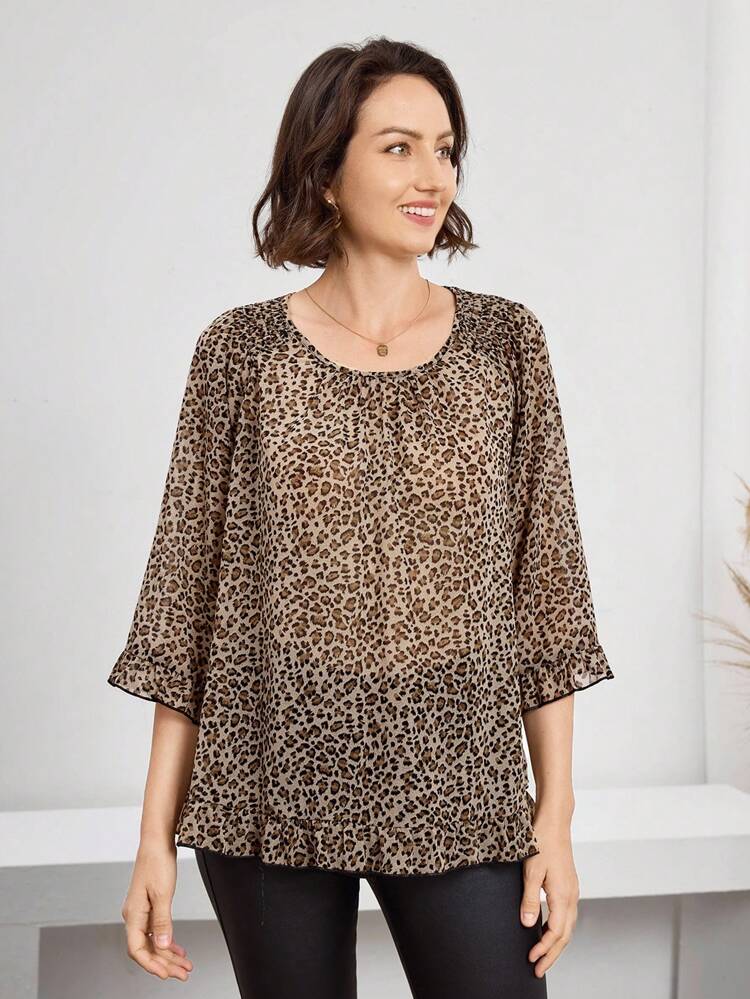 Blusa de mujer con estampado de leopardo y cuello con volantes, regalo del Día de la Madre para mamá, otoño para mujer, vintage para mujer, para maestra, para mujer en el aeropuerto, blusas con estampado de leopardo, blusas con estampado animal, blusas marrones para mujer, blusas con estampado de guepardo, blusas de tonos terrosos, para campo