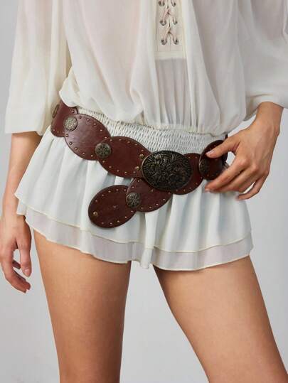 Hippie 1 pieza Cinturón redondo de piel marrón para mujer con decoración de brújula y remaches en forma de seta, accesorio versátil para jeans