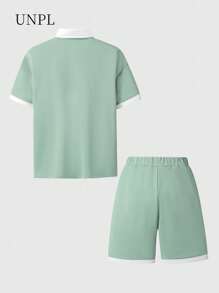 SHEIN Explorewe 2 件套男童超大绿色 Polo 衫，领口和下摆撞色，百搭夏季服装，搭配短裤，适合度假、上学、旅行、街头、嘻哈、音乐节等场合，秋冬 - 彩色 - 查看 2