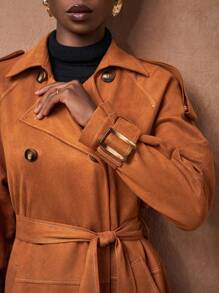 Zivah Abrigo Trench de Ante Naranja Quemado Otoñal con Solapa, Cinturón & Bolsillos, Elegante para Oficina, Desplazamiento y Streetwear, Estilo Universitario, Chaqueta Casual Diaria Marrón para Estudiantes - Marrón - Ver 5