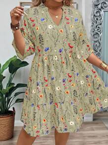 EMERY ROSE Plus Size Women's Summer Branch Floral Print V-Neck Ruffle Hem Loose Fit Dress - Army Green - View 3
