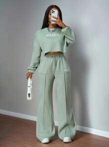 2025新款秋冬休闲街头运动日常约会运动服简约基础款圆领落肩宽松短款长袖卫衣上衣+阔腿裤直筒裤口袋装饰 - 薄荷綠 - 查看 8