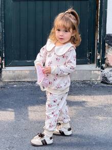 SHEIN 2pcs/Set Baby Girls Peter Pan Collar Ruffle Long Sleeve Pullover Sweatshirt & Elastic Waist Pants,Beige Autumn Cute Matching Family Fashion Daily Outfit - Apricot - View 1