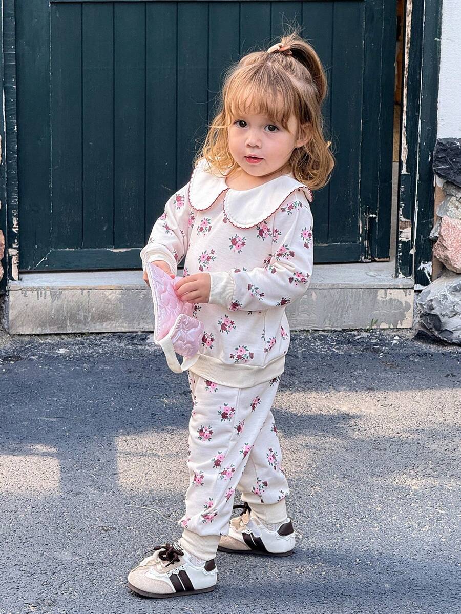 SHEIN 2pcs/Set Baby Girls Peter Pan Collar Ruffle Long Sleeve Pullover Sweatshirt & Elastic Waist Pants,Beige Autumn Cute Matching Family Fashion Daily Outfit - Apricot - View 1