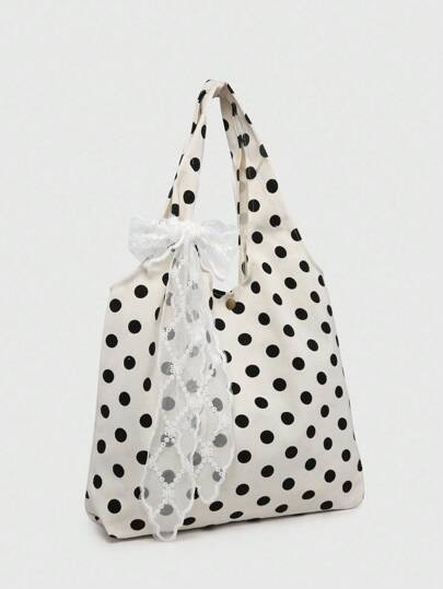 Kawaii Women's Retro Bow & English Slogan Embroidered Bow Decor Large Capacity Tote Bag, Suitable For Shopping And School