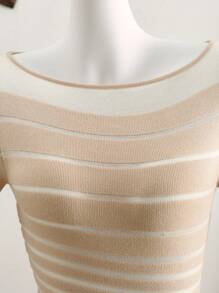 EMERY ROSE Women's Striped Round Neck Short Sleeve Casual Versatile Knit Top - Khaki - View 6