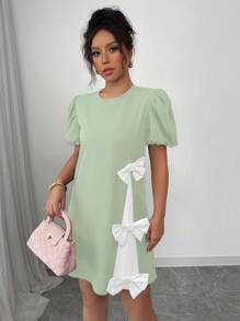 Chiquease Black Short Sleeve Crew Neck Color Block Bow Decorated Dress For Women, Elegant French Style Romantic Versatile For Dating & Casual Wear, Spring/Summer Summer Dress Roupa Para A Universidade