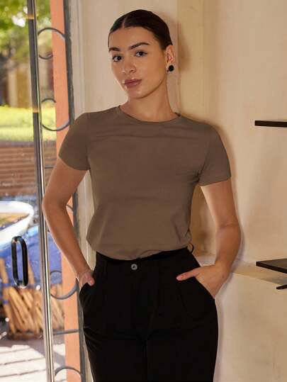 Andrea Bello Solid Color Round Neck Casual Short-Sleeved T-Shirt Summer