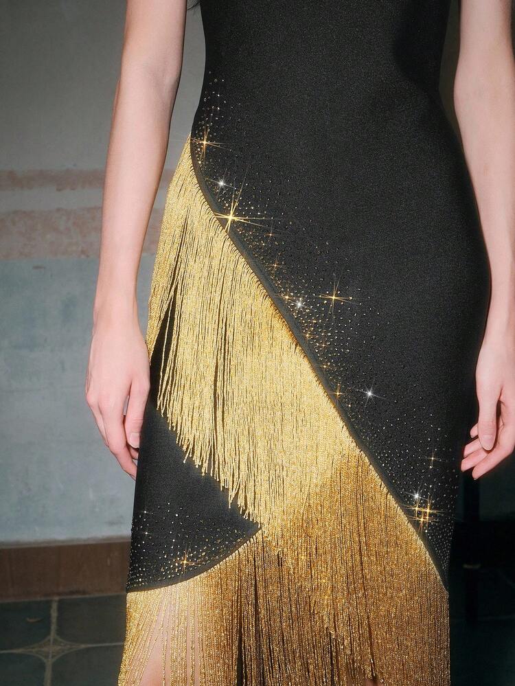 Robe de cocktail style bandage d'épaule dénudée avec décorations scintillantes, robe de fête d'été/mariage noire grande taille