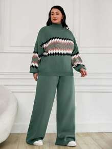 EURMUSE Women's Geometric Pattern High Neck Sweater 2pcs/Set - Mint Green - View 4