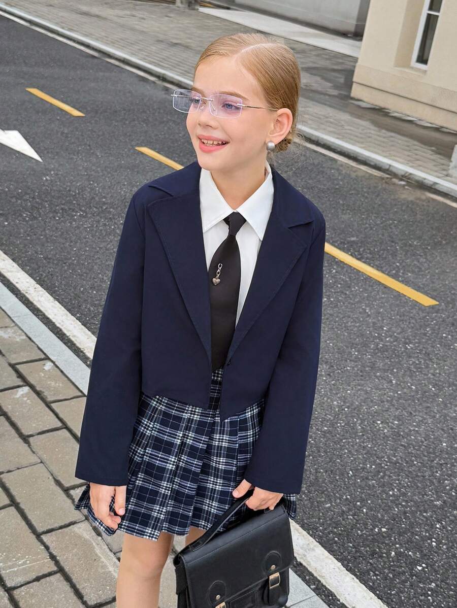 SHEIN 女童纯色优雅长袖翻领夹克