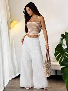 SHEIN PETITE Women's Casual Elegant Bohemian Holiday Beach White Patterned Textured Jacquard Loose Flared Pants, Summer, Boho