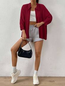 SHEIN EZwear Spring White Solid Batwing Sleeve Shirt - Burgundy - View 3
