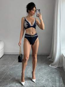 Selianne 4 件套夏季时尚流行年轻女士高端分体泳衣套装，包含沙滩罩衫和裤子 - 黑色 - 查看 4